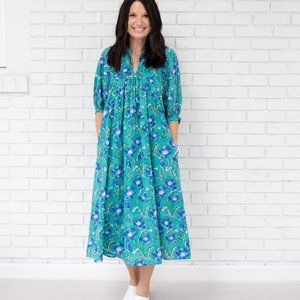 GREEN AND BLUE FLORAL PUFF SLEEVE DRESS